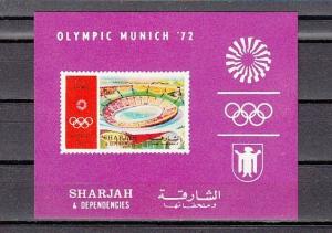 Sharjah, Mi cat. 850, BL90. Munich Olympics, Stadium s/sheet. ^