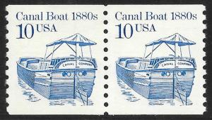 Sc 2257 10¢ Canal Boat Coil Pair, Mottled Tagging, MNH