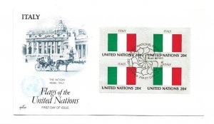 United Nations #428 Flag Series 1984, Italy, ArtCraft block of 4, FDC