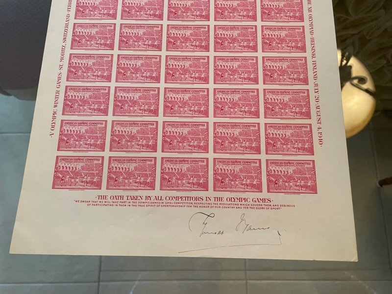 THOMAS MANN NOBEL PRIZE WINNER NOVELIST SIGNED 1940 OLYMPIC SHEET OF 40 STAMPS