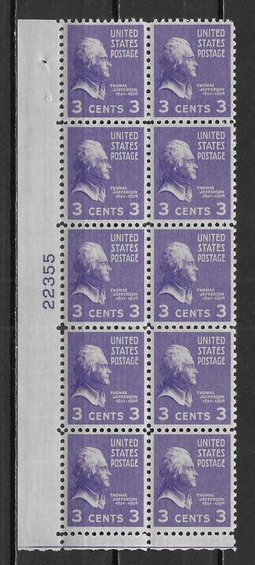 United States 807 3c Thomas Jefferson Electric Eye Plate Block of 10 Unused LH
