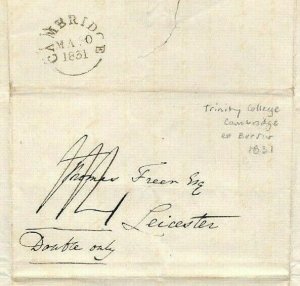 GB HISTORIC LETTER Cambridge University TRINITY COLLEGE Cover 1831 BURSAR MS2733 