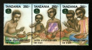 Tanzania 1995 - FAO, 50th Anniversary, Children - Strip of 3v - Scott 1344 - MNH