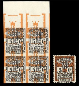 Spain, Barcelona, 1932 5c black and orange imperf. top margin block of four, ...