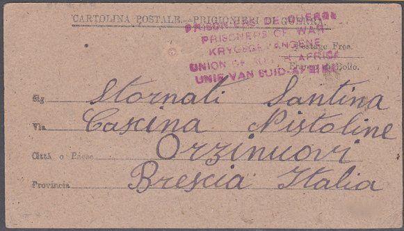 SOUTH AFRICA 1943 Prisoner of War postcard to ITALY..........................727