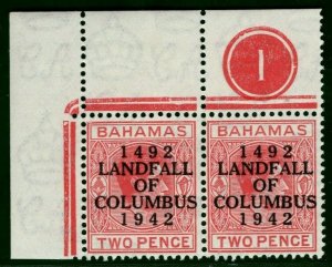 BAHAMAS KGVI Stamp SG.165 2d *COLUMBUS* Superb PLATE No. Corner Pair UM LBLUE131