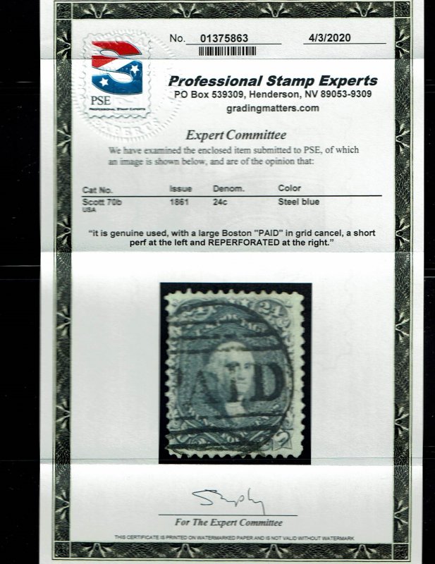 Scott #70B F/VF-used. With 2020 PSE certificate. SCV - $865.00