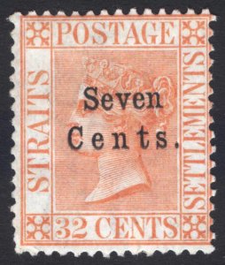 Malaya Straits Settlements 1879 7c on 32c Pale Red Scott 21 SG 21 MLH Cat $180