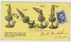 US 156 1c 1873 on illustrated ad cover oil lamp display St. Louis to NY