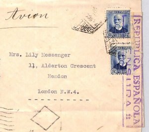 SPAIN Air Mail Cover Barcelona *SPANISH CIVIL WAR* CENSOR 1937 London Mail YG184