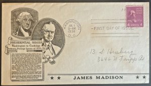 PRESIDENT JAMES MADISON #808 JUL 1 1938 WASHINGTON DC FIRST DAY COVER (FDC) BX5