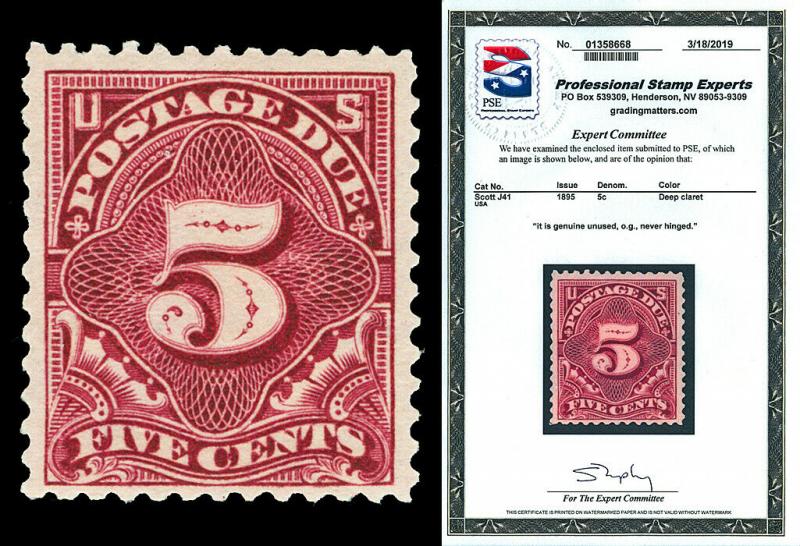 Scott J41 1895 5c Postage Due Perf 12 Issue Mint F-VF OG NH Cat $280 w/ PSE CERT