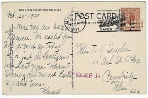 Bahamas 1937 Paquebot (Miami, FL) cancel on postcard to the U.S.