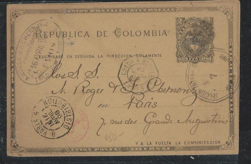 COLOMBIA(PP2706B) 1898  2C PSC   FRENCH LIGNE TO FRANCE