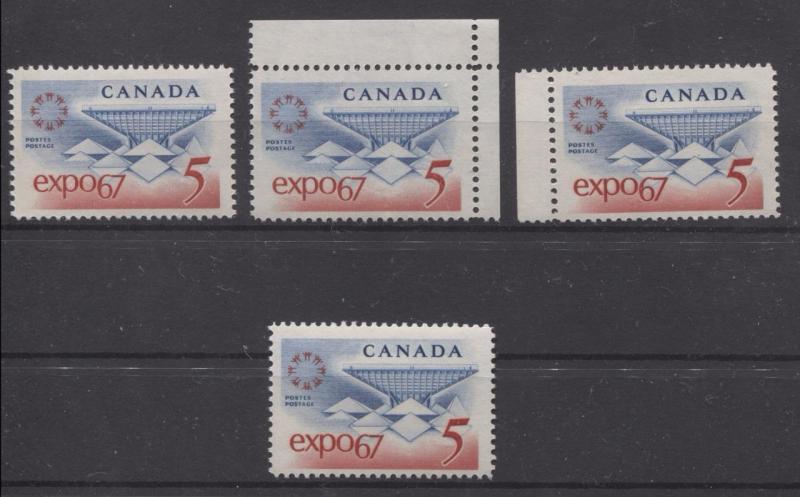 Canada #469 5c Blue and Red Expo 67 4 Different Papers F-70 NH