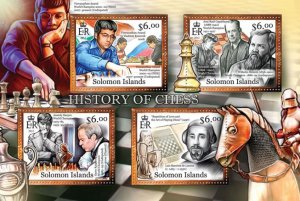 SOLOMON IS.- 2013 - History of Chess - Perf 4v Sheet - Mint Never Hinged