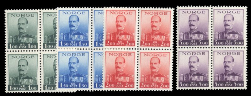 Norway #177-180 Cat$80, 1937-38 King Haikon, complete set in blocks of four, ...