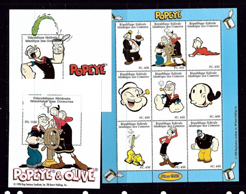 Comoro Is 832L-W NH Popeye sheet of 9 and souvenir sheet 