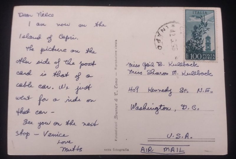 D)1956, ITALY, POSTCARD SENT TO U.S.A, AIR MAIL, WITH STAMP TYPE OF 1948, AIR