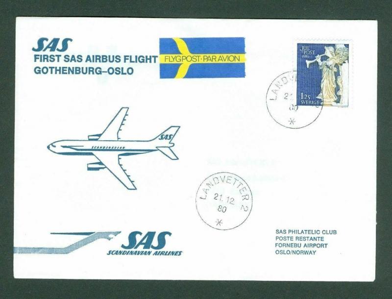 Sweden. Norway First Flight Cover 1980. SAS  Airbus. Gothenburg - Oslo. Adr.