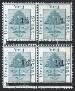 Orange Free State 1881 1d on 5s BLOCK SG 22&24 Sc 18&20 LMM/UMM Cat £300($405)