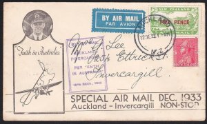 NEW ZEALAND 1933 Faith in Australia flight cover Auckland to Invercargill..B1961