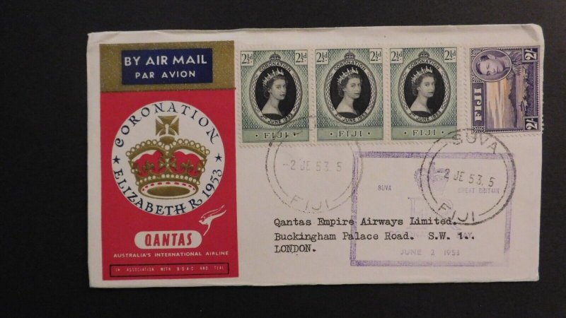 1953 Fiji Airmail Coronation QE2 Cover Suva to London England Qantas Empire Air