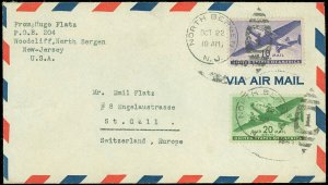 OCT 22 1945 North Bergen Cds, Cover, For'n Destination SWITZERLAND, SC #C27 #C29