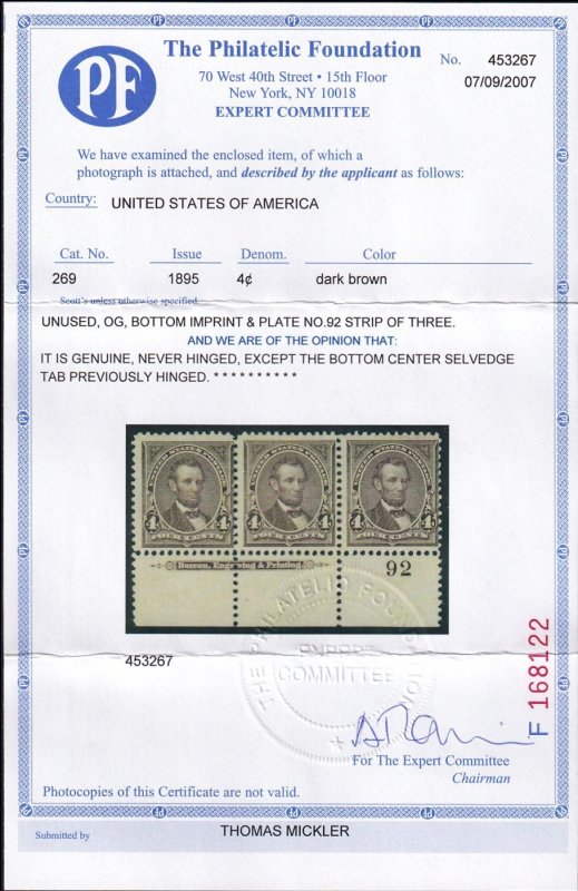 US #269 Mint OGnh, Mult,  With Cert.