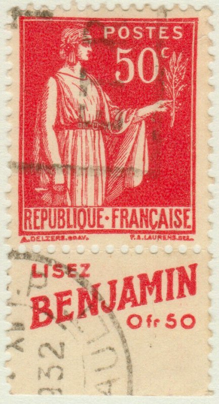 FRANCE - 1933 pub LISEZ BENJAMIN sur Yv.283 50c Paix t.I (A3)