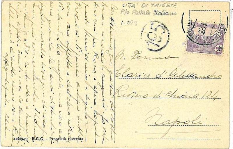 TUNISIA   POSTAL HISTORY - card  with Italian Paquebot postmark CITTA DI TRIESTE