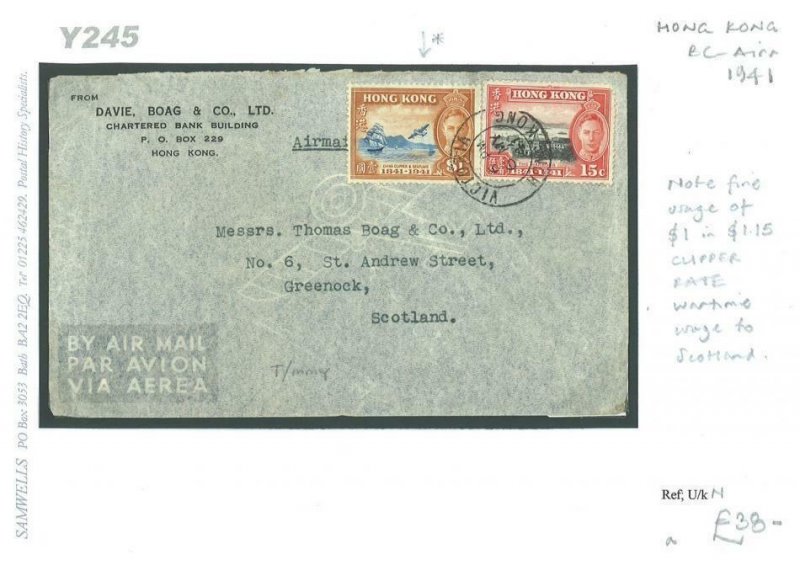 Y245 1941 HONG KONG Airmail/GB Scotland Greenock