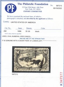 USA #292 Very Fine Used With One Barely Short Perf At Lower Left **With Cert.**