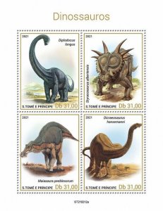 Sao Tome & Principe 2021 MNH Dinosaurs Stamps Prehistoric Animals 4v M/S