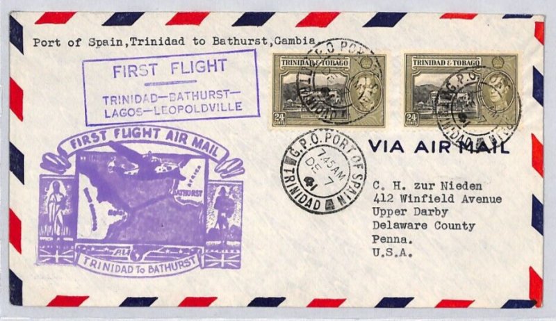 TRINIDAD & TOBAGO Air Mail FIRST FLIGHT GAMBIA USA Pennsylvania 1941 ZC135