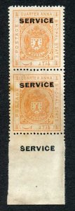 Bhopal SGO313c 1932 1/4a Orange Perf 13.5 Opt SERVICE at TOP Pair (no gum)