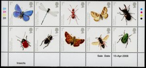 Great Britain 2572a Bottom Block MNH Endangered Insects, Butterflies, Beetles