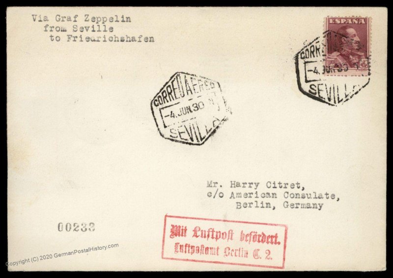 Spain Germany 1930 Graf Zeppelin Barcelona Berlin Si58G Flown Cover 97071