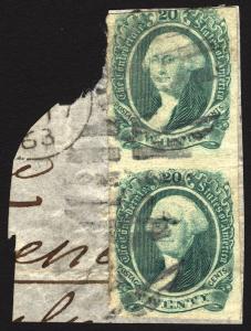 Rare Confederate Stamps Scott #13 20c Green 1863 Used Vertical PAIR on Piece