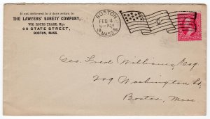 1st Bureau 2c Washington, Boston Mass involute flag cancel, Feb. 1898