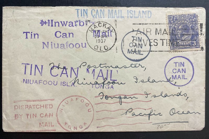 1937 Mackay Australia Tin Can Canoe Mail cover To Niuafoou Isle Tonga Toga