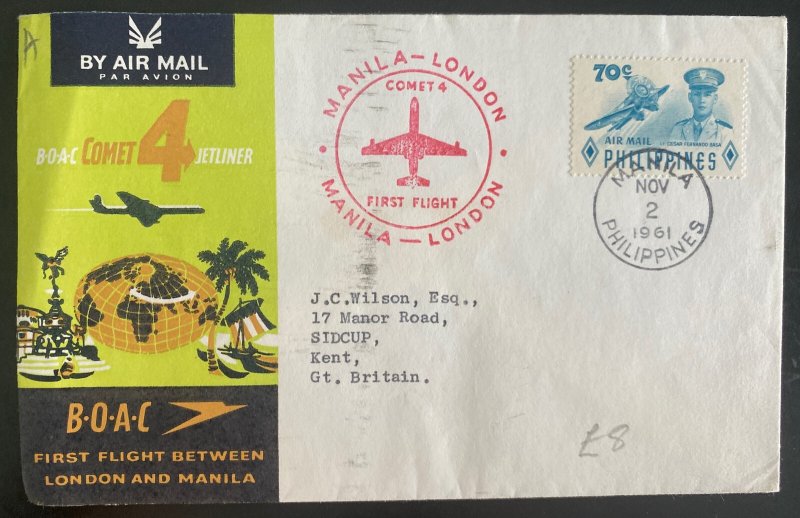 1961 Manila Philippines First Flight Cover FFC To England BOAC Jetliner Comet