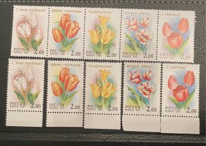 RUSSIA,2001 SC# 6625A-E,6625F,FLOWERS MNH
