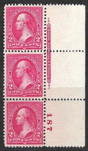 Doyle's_Stamps: MH/NH 2c Washington Plate #187 Strip w/Imprint, Scott #267*/**