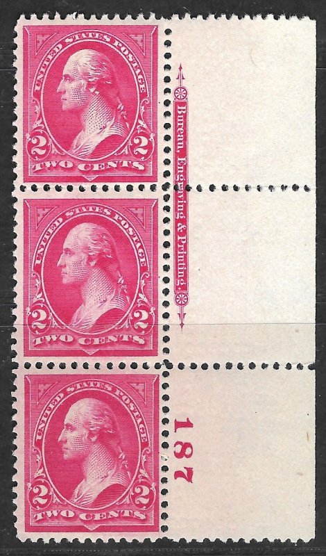 Doyle's_Stamps: MH/NH 2c Washington Plate #187 Strip w/Imprint, Scott #267*/**