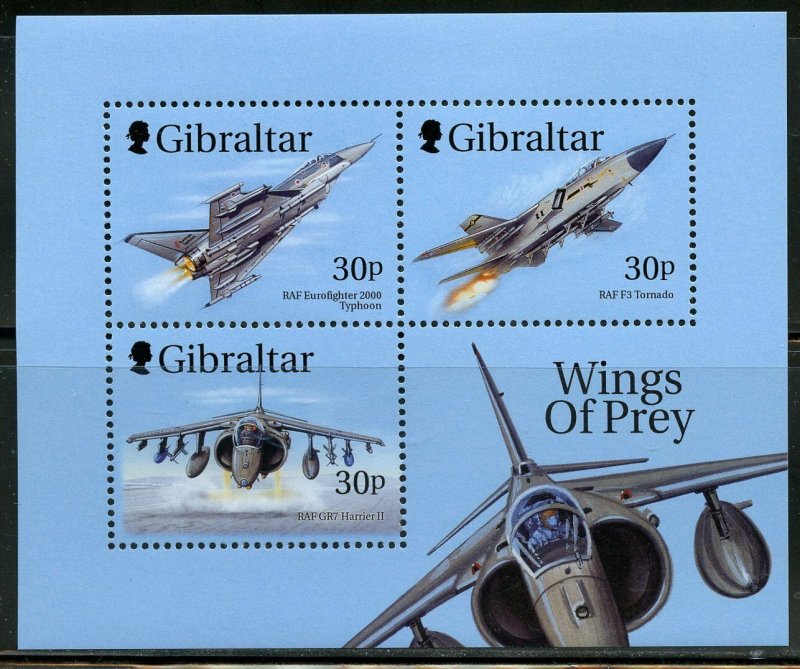 GIBRALTAR WINGS OF PREY  MILITARY AIRCRAFT  SOUVENIR SHEET MINT NH 