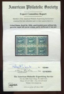 300b Franklin RARE Used Booklet Pane of 6 Stamps with APS Cert HZ54