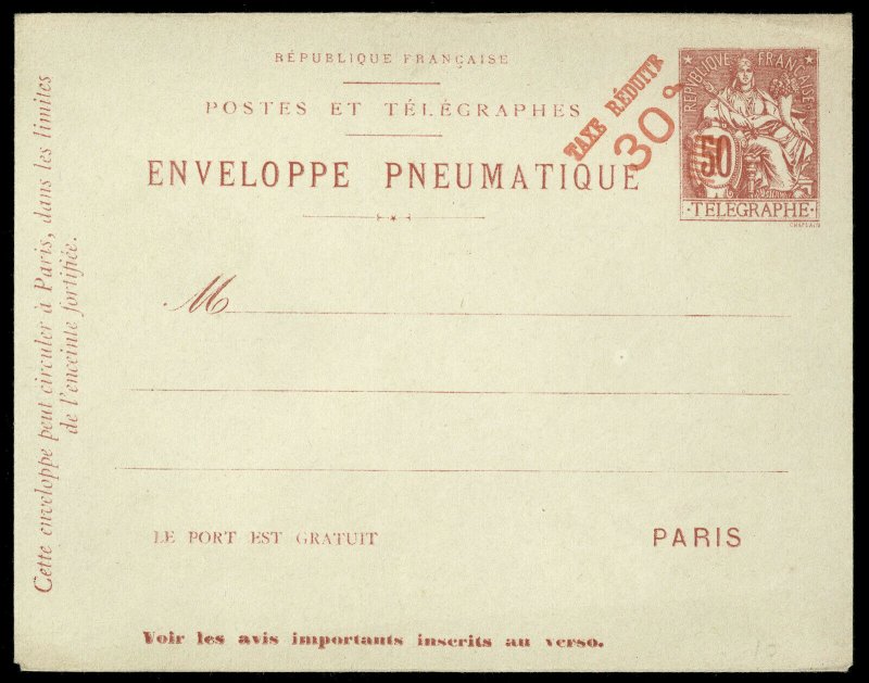 fr029 France Tubes Pneumatiques envelope 50c red, 30c red overprint, unused