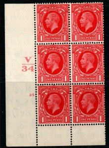 GB SGN49 1934 1d SCARLET INTERMEDIATE FORMAT CONTROL V34 CYL 25 MNH BLOCK OF 6