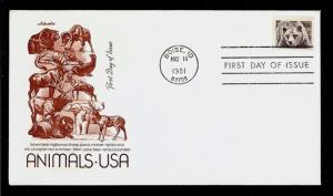 FIRST DAY COVER #1884 Brown Bear 18c Booklet Single ARTMASTER U/A FDC 1981